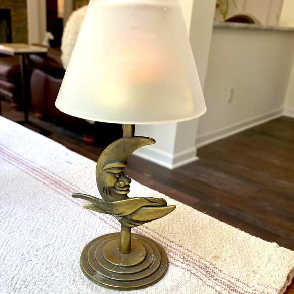 Boho Brass Vintage Moon Candle Holder Frost Shade